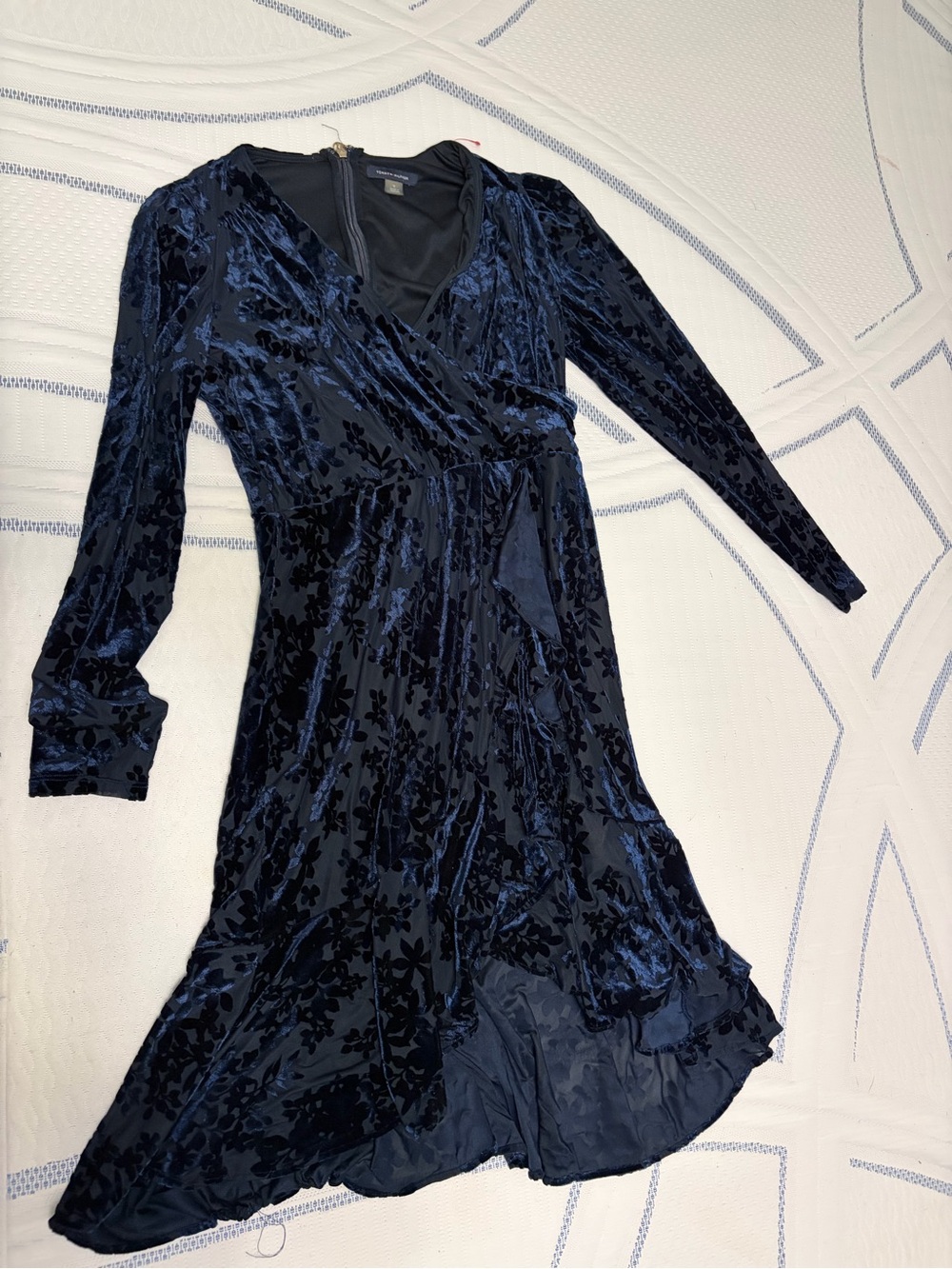 Tommy Hilfiger Navy Blue Velvet Floral Wrap-Style Long Sleeve Dress
